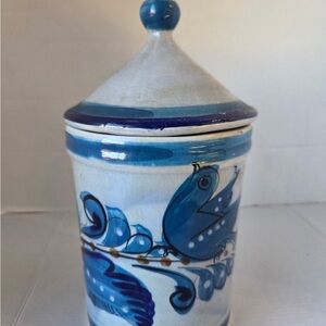 Tonala Style Mexican Pottery Canister With Lid Blue Hand Painted Floral Bird